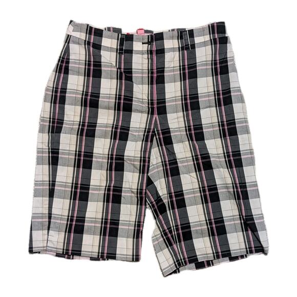 Anne Klein Sport Bermuda Shorts Womens 8 Black White Pink Plaid Stretch - Picture 1 of 8